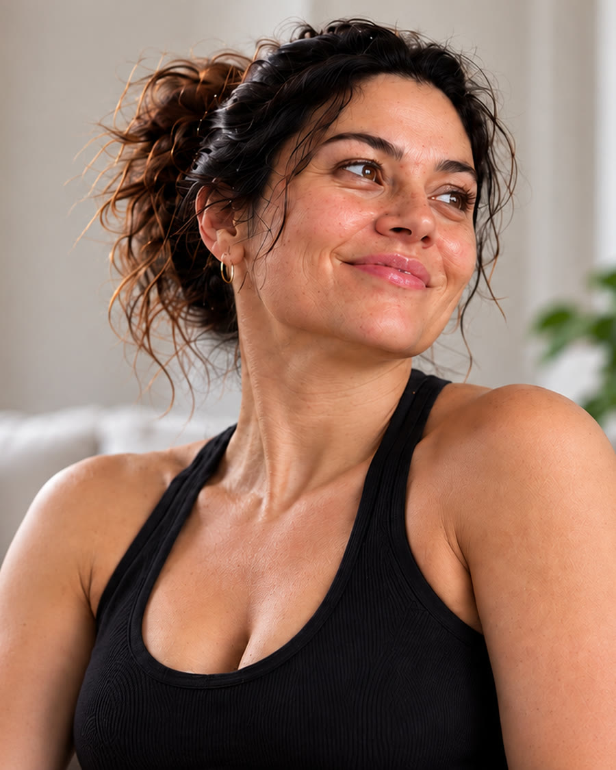 Mulher sorrindo, com roupa de treino